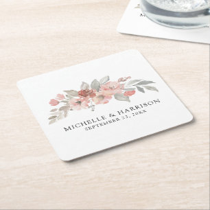 Elegant Pink Grey Floral Waterverf Wedding Kartonnen Onderzetters
