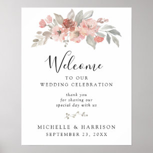 Elegant Pink Grey Floral Waterverf Wedding Poster