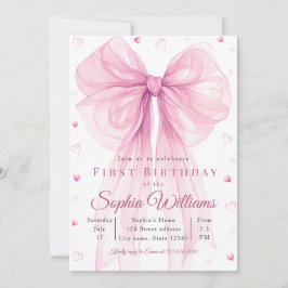 Elegant Pink Heart Bow Baby Shower Invitation Kaart
