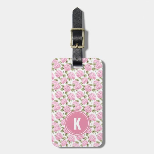 Elegant Pink Hydragea Flowers Pattern Monogram Bagagelabel (Voorkant verticaal)