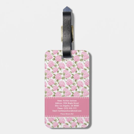 Elegant Pink Hydragea Flowers Pattern Monogram Bagagelabel (Achterkant verticaal)