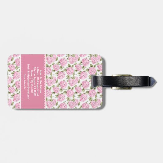 Elegant Pink Hydragea Flowers Pattern Monogram Bagagelabel (Achterkant horizontaal)