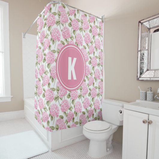 Elegant Pink Hydragea Flowers Pattern Monogram Douchegordijn (In situ)