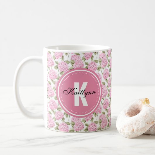 Elegant Pink Hydragea Flowers Pattern Monogram Koffiemok (Met donut)