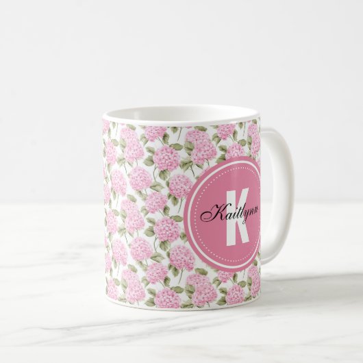 Elegant Pink Hydragea Flowers Pattern Monogram Koffiemok (Voorkant rechts)