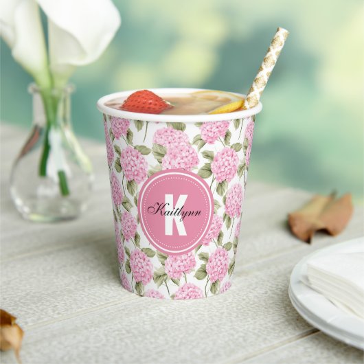 Elegant Pink Hydragea Flowers Pattern Monogram Papieren Bekers (Insitu)