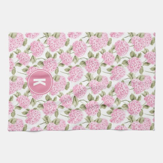 Elegant Pink Hydragea Flowers Pattern Monogram Theedoek (Horizontaal)