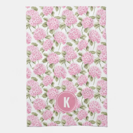 Elegant Pink Hydragea Flowers Pattern Monogram Theedoek (Verticaal)
