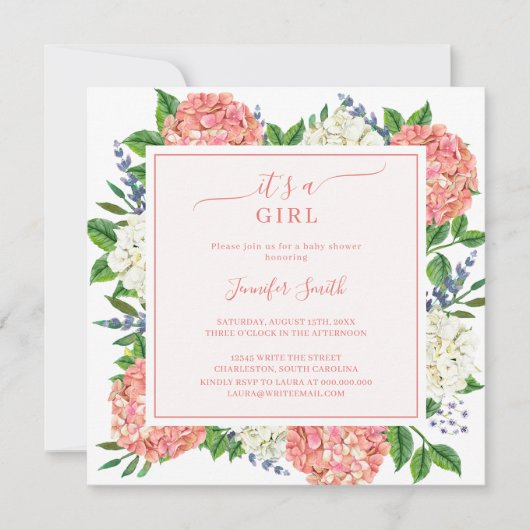 Elegant Pink Hydrangea Het is een meisje Baby show Kaart (Voorkant)