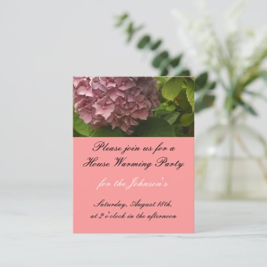 Elegant Pink Hydrangea House Warming Invitation Kaart (Staand voorkant)