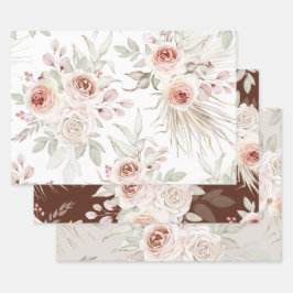 Elegant Pink Ivory Boho Floral Rozen Greenery Inpakpapier Vel