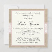 Elegant Pink Lace Burlap Birthday Uitnodiging (Achterkant)