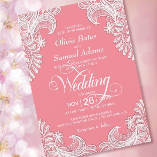 Elegant Pink Lace Wedding Kaart