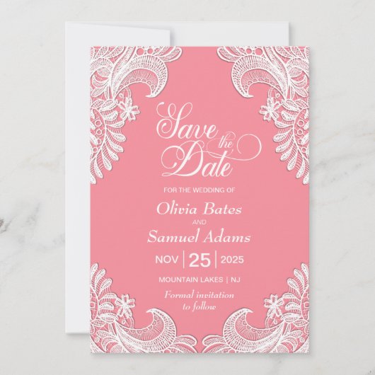 Elegant Pink Lace Wedding Save The Date (Voorkant)