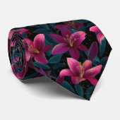 Elegant Pink Lily Floral Pattern on Black Stropdas (Opgerold)