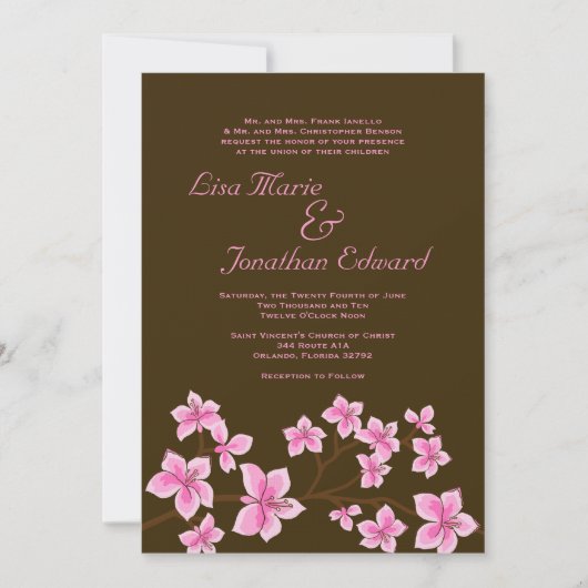 Elegant Pink Lily Wedding Invitation 5x7 Linen Kaart (Voorkant)