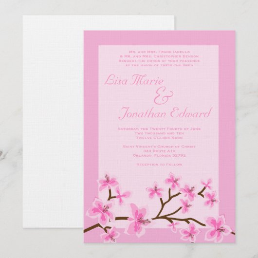 Elegant Pink Lily Wedding Invitation 5x7 Linen Kaart (Voorkant / Achterkant)