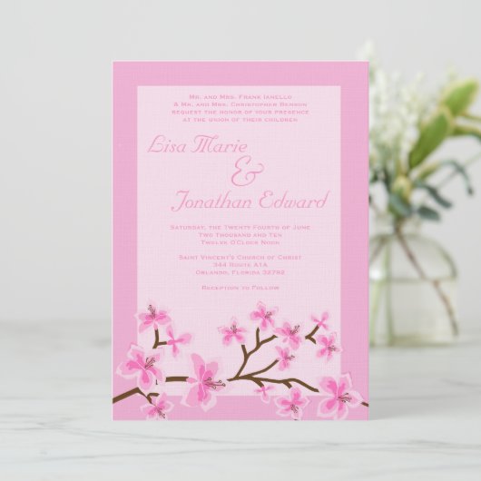 Elegant Pink Lily Wedding Invitation 5x7 Linen Kaart (Staand voorkant)