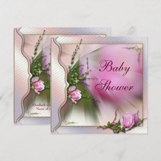 Elegant Pink Magnolia Sparkle Baby shower Kaart (Voorkant / Achterkant)