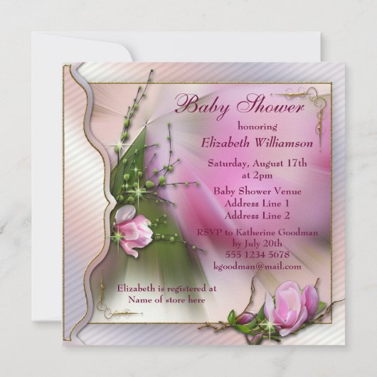 Elegant Pink Magnolia Sparkle Baby shower Kaart (Achterkant)