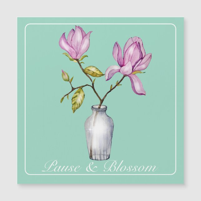 Elegant Pink Magnolia Watercolor in Glass Vase (Voorkant)
