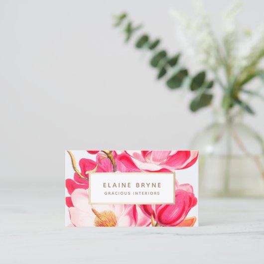 Elegant Pink Magnolia Waterverf Floral Visitekaartje (Staand voorkant)