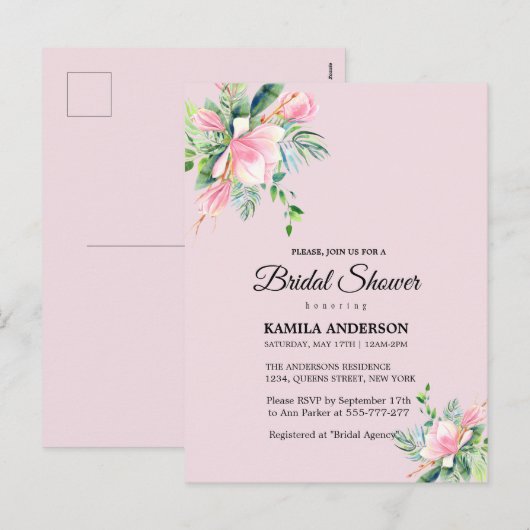 Elegant Pink Magnolia Waterverf Vrijgezellenfeest Feestdagenkaart (Voorkant / Achterkant)