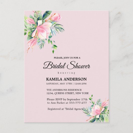 Elegant Pink Magnolia Waterverf Vrijgezellenfeest Feestdagenkaart (Voorkant)