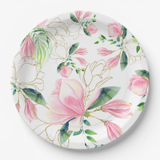 Elegant Pink Magnolia Waterverf Vrijgezellenfeest Papieren Bordje (Voorkant)