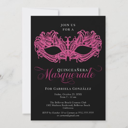 Elegant Pink Masquerade Masker Quinceanera Kaart (Voorkant)