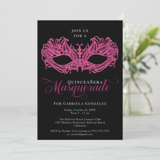 Elegant Pink Masquerade Masker Quinceanera Kaart (Staand voorkant)