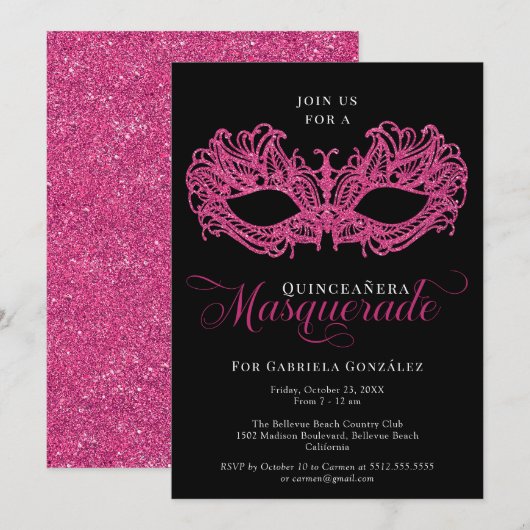 Elegant Pink Masquerade Masker Quinceanera Kaart (Voorkant / Achterkant)
