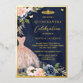 Elegant Pink Navy Floral Tiara Dress Quinceanera Folie Uitnodiging (Voorkant)