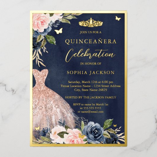 Elegant Pink Navy Floral Tiara Dress Quinceanera Folie Uitnodiging (Voorkant)