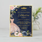 Elegant Pink Navy Floral Tiara Dress Quinceanera Folie Uitnodiging (Staand Voorkant)