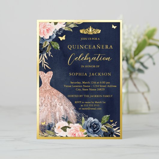 Elegant Pink Navy Floral Tiara Dress Quinceanera Folie Uitnodiging (Staand Voorkant)