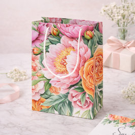 Elegant Pink & Orange Peonies Floral Gift Bag Medium Cadeauzakje