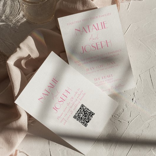 Elegant Pink Orange Stylish QR Code Wedding Kaart
