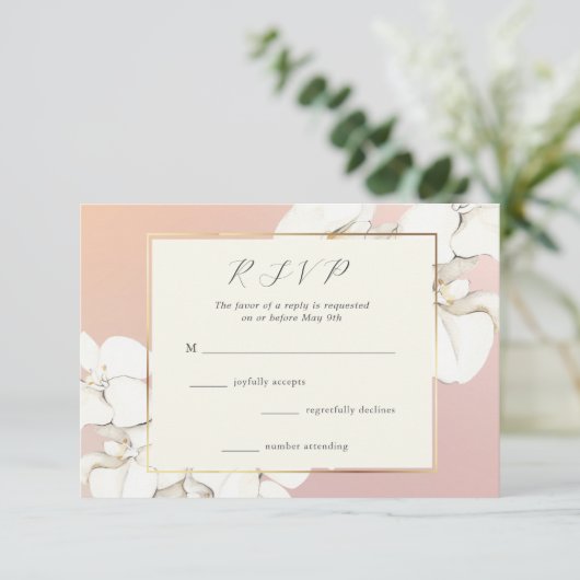 Elegant Pink Orchid Floral Wedding RSVP Kaartje (Staand voorkant)