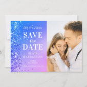 Elegant Pink Paars Blue Glitter Foto Weddenschap Save The Date (Voorkant)