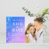 Elegant Pink Paars Blue Glitter Foto Weddenschap Save The Date (Staand voorkant)