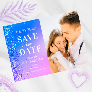 Elegant Pink Paars Blue Glitter Foto Weddenschap Save The Date