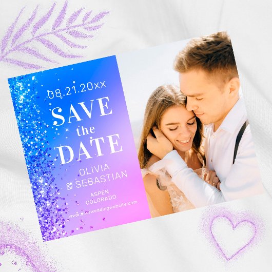 Elegant Pink Paars Blue Glitter Foto Weddenschap Save The Date