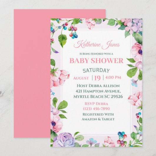 Elegant Pink Paars Floral Baby shower Uitnodiging (Voorkant / Achterkant)