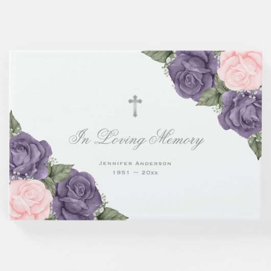 Elegant Pink Paars Silver Floral Memorial Funeral Gastenboek (Voorkant)