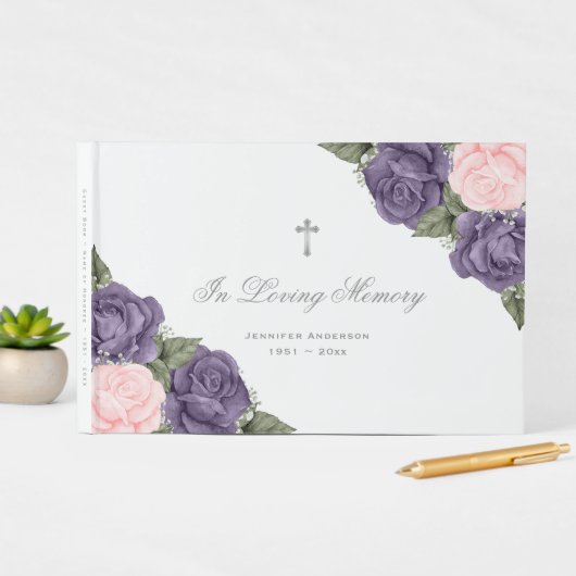 Elegant Pink Paars Silver Floral Memorial Funeral Gastenboek (Insitu Display)