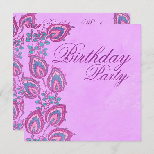 Elegant Pink & Paarse Floral Birthday Uitnodiging (Voorkant / Achterkant)