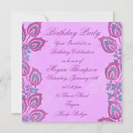 Elegant Pink & Paarse Floral Birthday Uitnodiging (Achterkant)