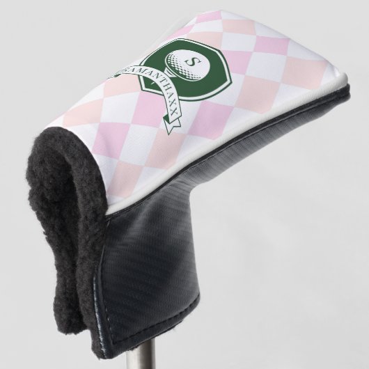 Elegant Pink Pattern Green Golfer Name Monogram Golfheadcover (3/4 voorkant)