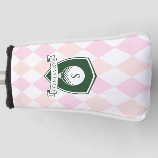 Elegant Pink Pattern Green Golfer Name Monogram Golfheadcover (Voorkant)